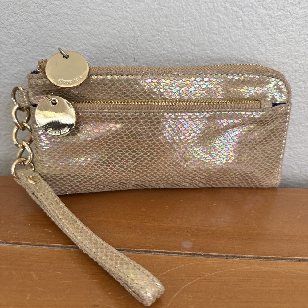 Deux Lux Gold Metallic Patterned ID Card Double Zip Wallet/Wristlet 8x4.5 Vegan